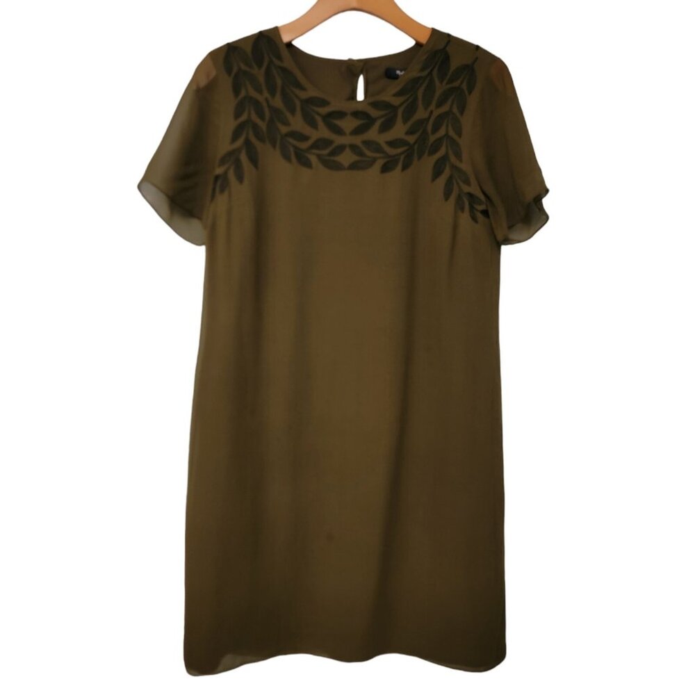 Madewell 100% Silk Short Sleeve Round Neck Lined Shift Dress‎ Green Black Small